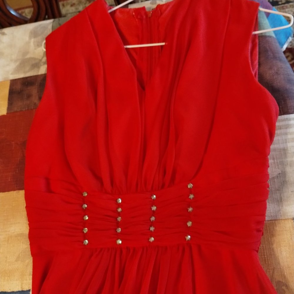 Red Formal Dress with Rhinestone Waist Accents